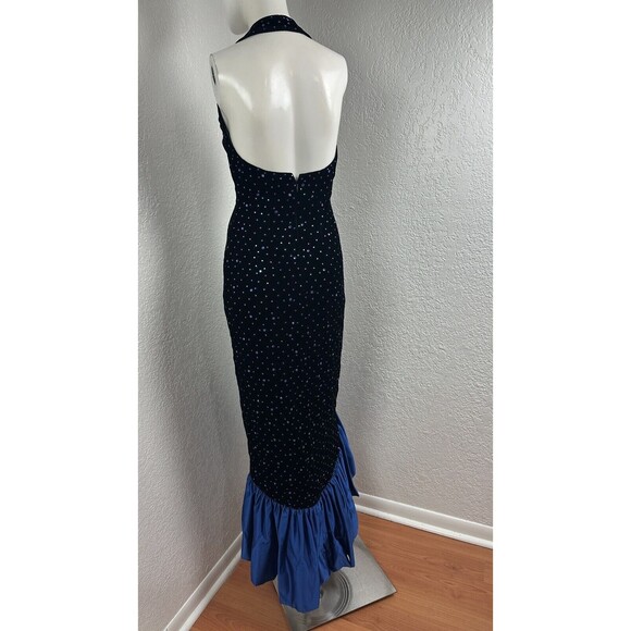 Vtg 80s Blue Velvet Dress Halter Studded Ruffle Hem Holiday Party Formal Sz 4 - Picture 5 of 7